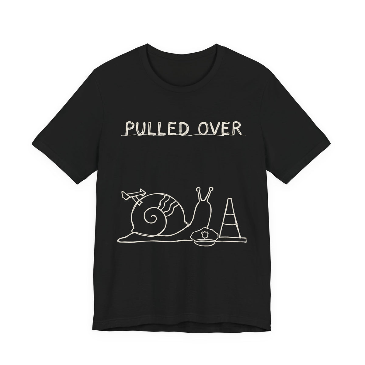 Pulled Over — Black tee, front