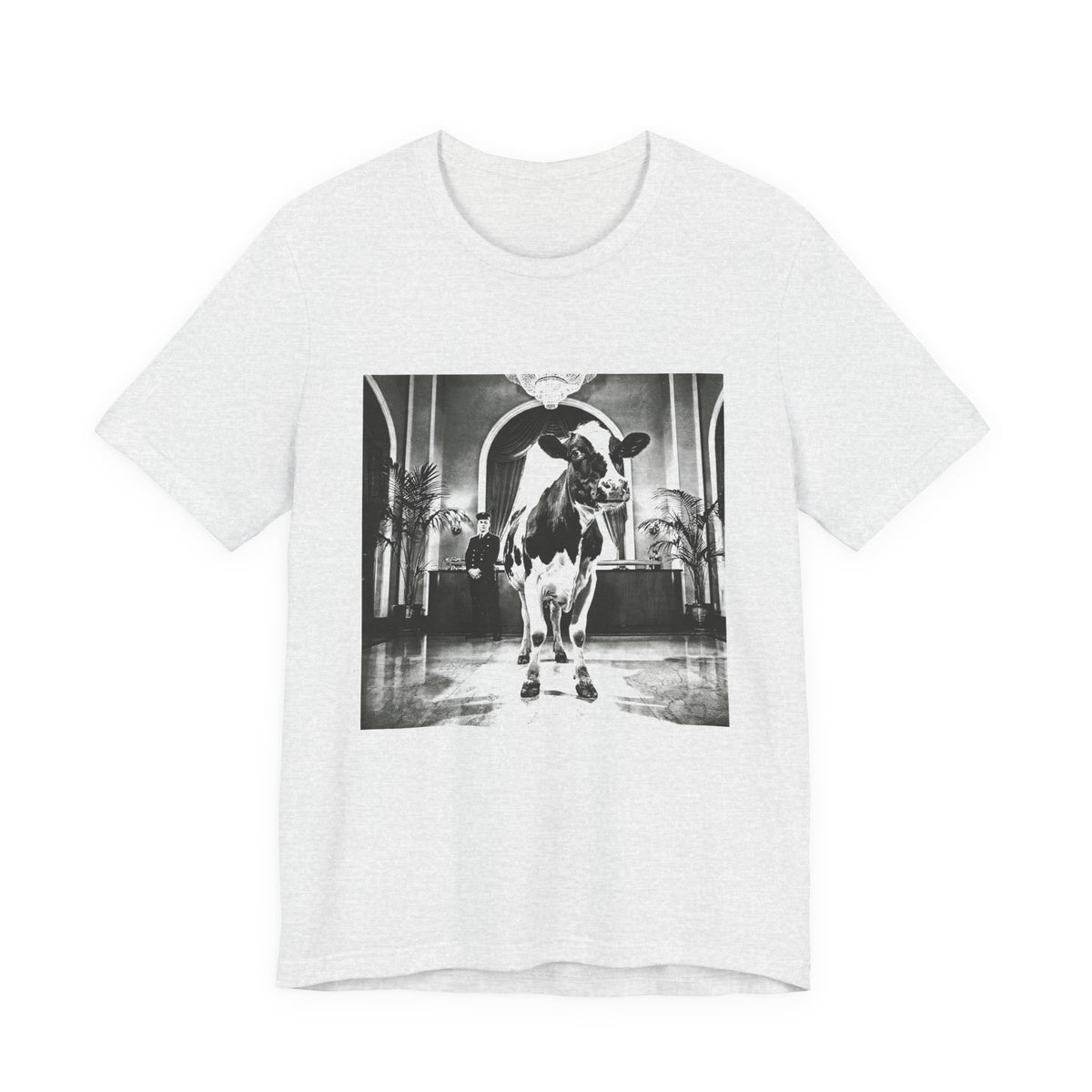 Lobby Cow — Ash tee, front
