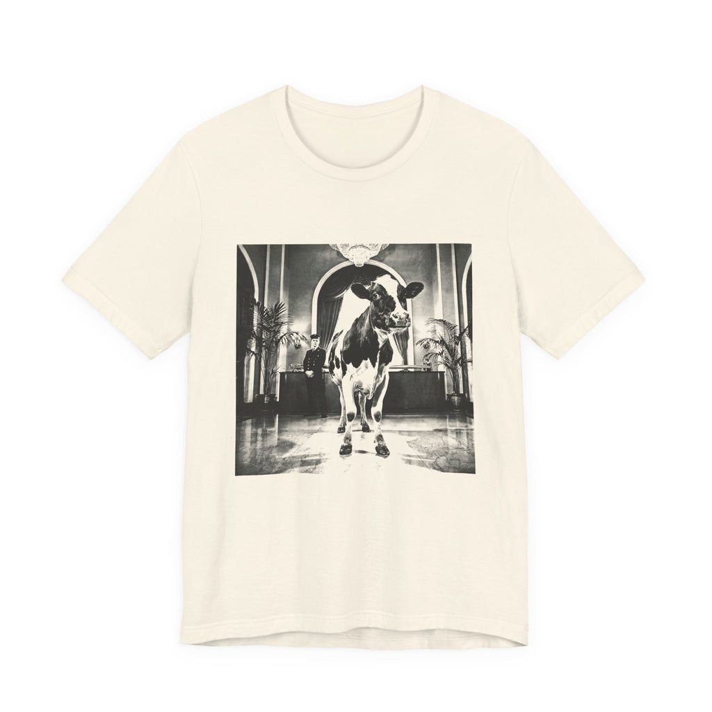 Lobby Cow — Natural tee, front