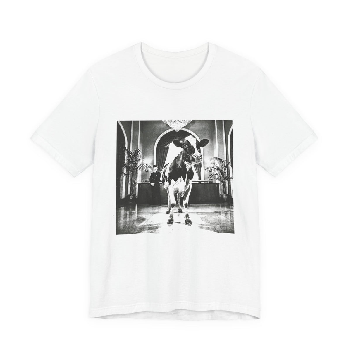 Lobby Cow — White tee, front