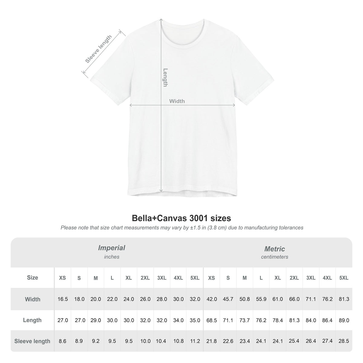 Lobby Cow — size guide: Bella+Canvas 3001 measurements in inches